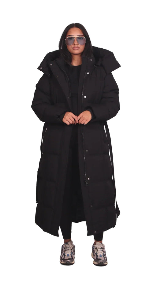 Carmen – lange Winterjacke mit Gürtel und Puffer-Design